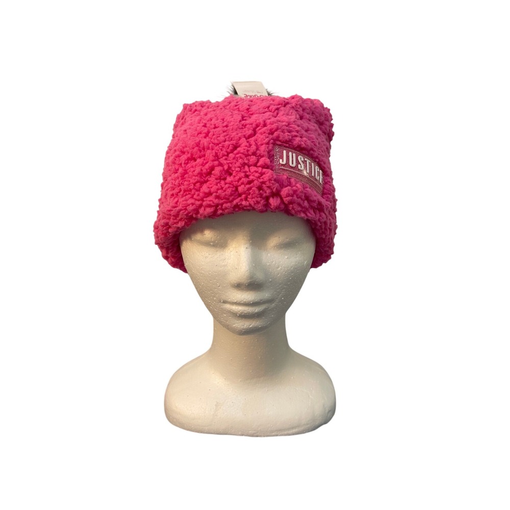 Justice Girls Hot Pink Sherpa Beanie Hat Black Faux Fur Pom Pom One Size NWT